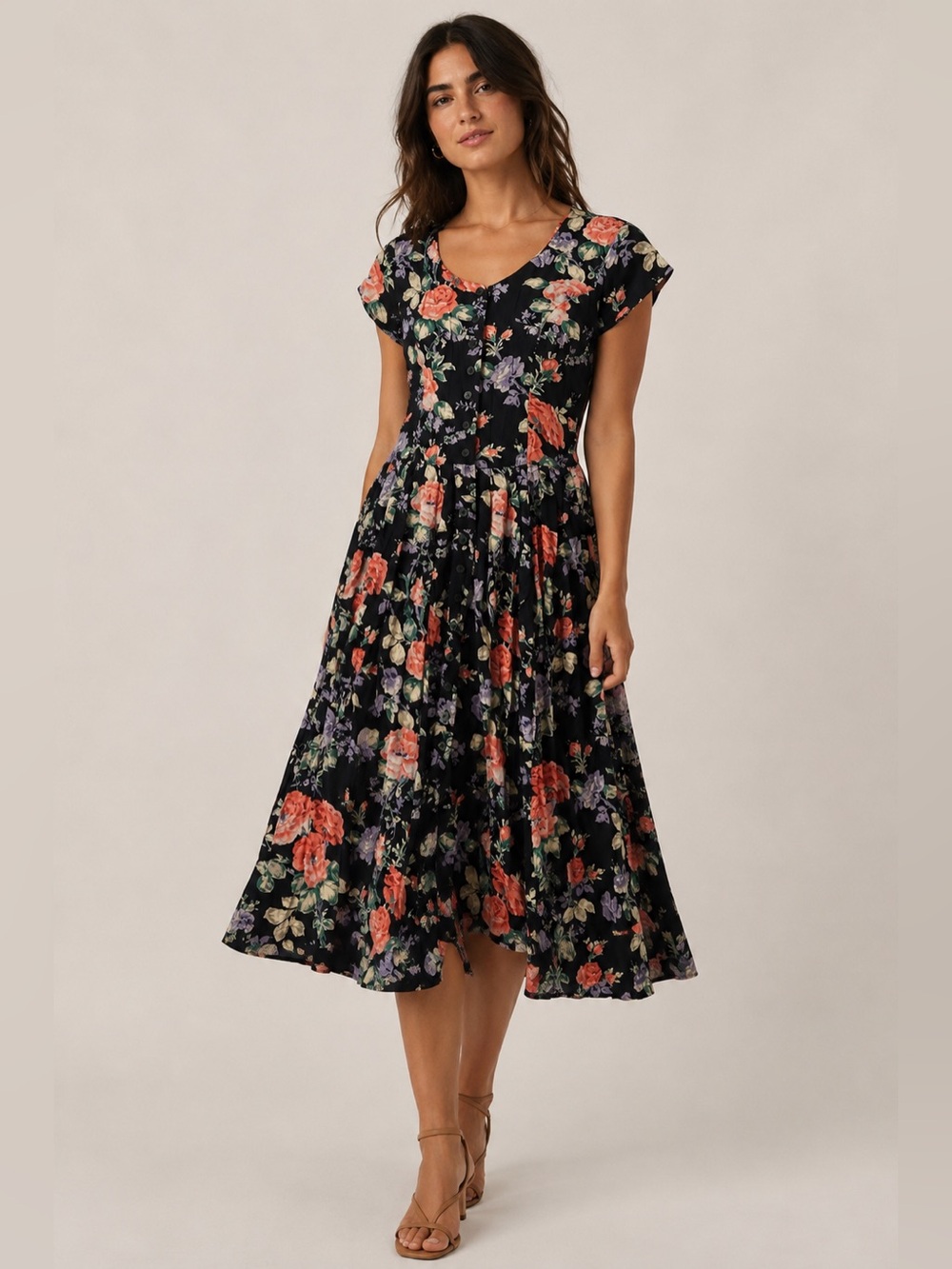 Vintage 90s Boutique Europa Floral Button-Front Midi Dress. 12.